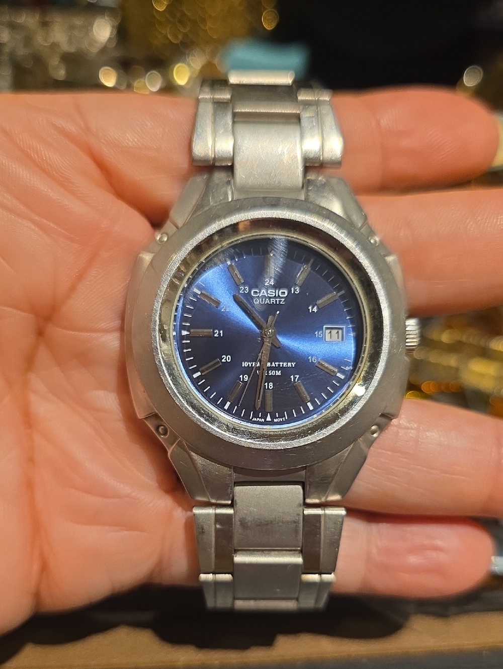 Casio Silver Stainless Steel Watch with Blue Sunburst Dial